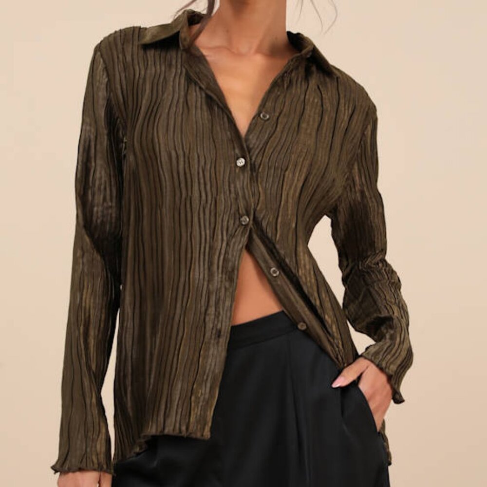 Lulus Perfected Sophistication Dark Olive Green Plisse Button-up Top - Size M